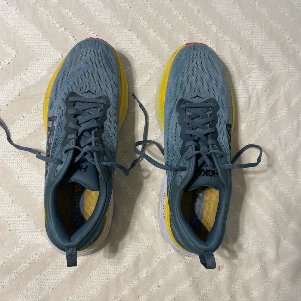 Hoka Bondi 8 Teal and Yellow Athletic Sneakers